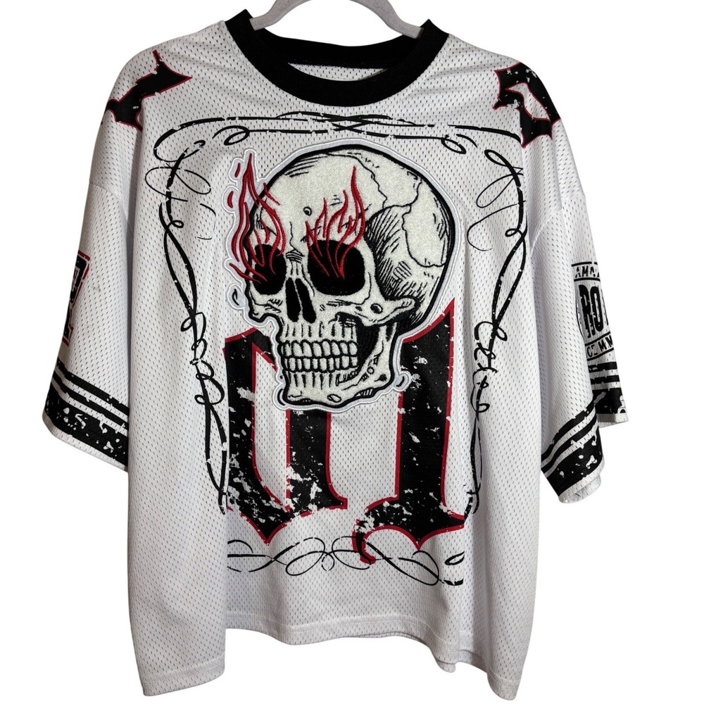 First Row Heavy Metal Mesh Skull Graphic Jersey White‎ Men's XL